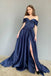 Dark Blue A Line Satin Off the Shoulder Long Prom Dresses, Formal Evening Dresses DMP343