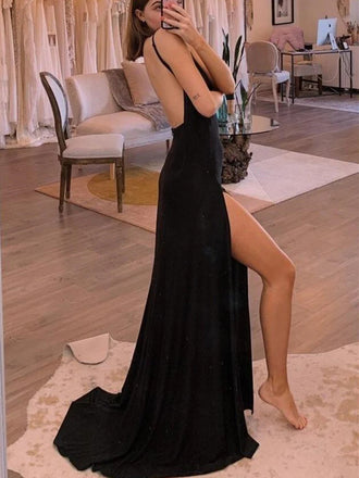 Sexy Black V Neck Split Long Prom Dresses, Formal Evening Dresses DMP344