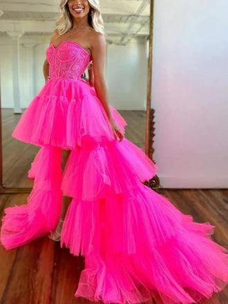 Hot Pink Sweetheart Layers High Low Prom Dresses, Formal Evening Dresses DMP345