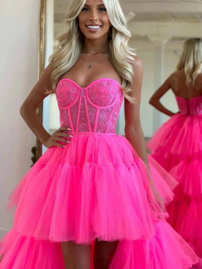 Hot Pink Sweetheart Layers High Low Prom Dresses, Formal Evening Dresses DMP345