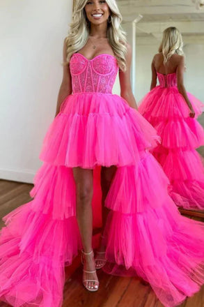 Hot Pink Sweetheart Layers High Low Prom Dresses, Formal Evening Dresses DMP345