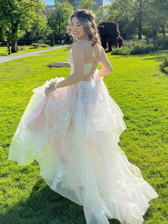 Princess A Line V Neck Lace Appliques Long Prom Dresses, Evening Party Dresses DMP347