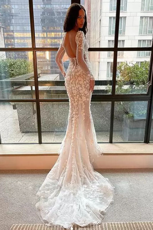 Illusion Mermaid Long Sleeves Tulle Appliques Wedding Dress Bridal Dresses DM1979