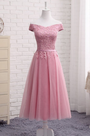 Cute A Line Lace Off Shoulder Prom Dress,Lace Evening Dresses,Pink Junior Homecoming Dresses DM356