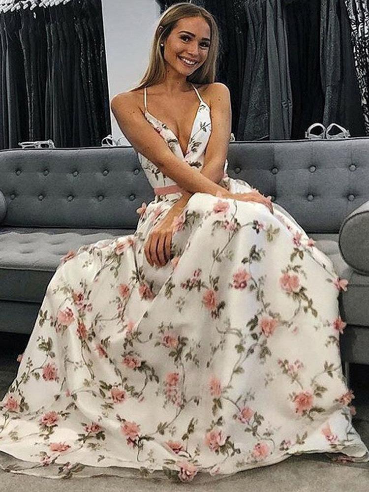 A Line V Neck Spaghetti Straps Floral Long Prom Dresses,Junior Graduation Dress DMJ35