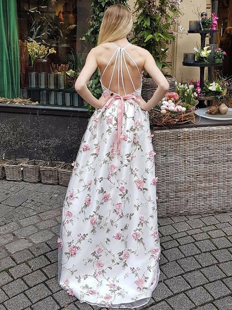 A Line V Neck Spaghetti Straps Floral Long Prom Dresses,Junior Graduation Dress DMJ35