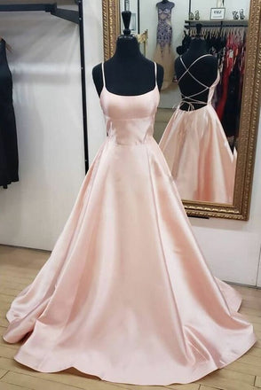 A Line Pink Satin Long Prom Presses Simple Evening Dress With Straps DMP190