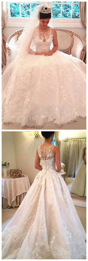 Princess Shinny Lace Button A-Line Wedding Dresses With Trailing DMD52