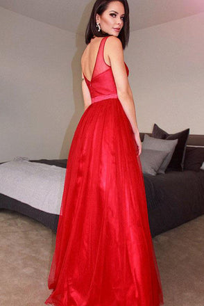Red A-Line V Neck Beading Long Prom Dresses Formal Evening Dress DMP013