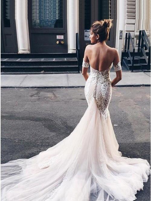 Mermaid Sweetheart Backless Court Train Wedding Dress with Lace Appliques DMR19