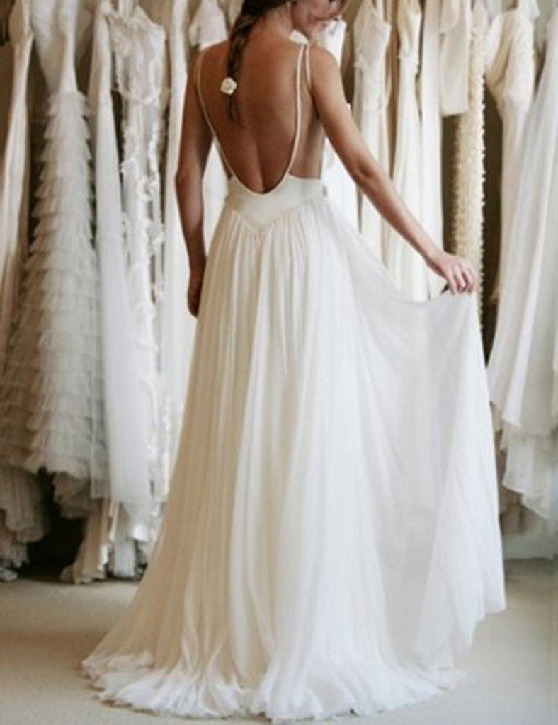 Simple White Lace Bridal Gown,A Line Chiffon Backless Cheap Wedding Dresses DM382
