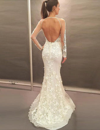 Mermaid Jewel Long Sleeves Sweep Train Wedding Dresses, Prom Dress with Lace Appliques DME36