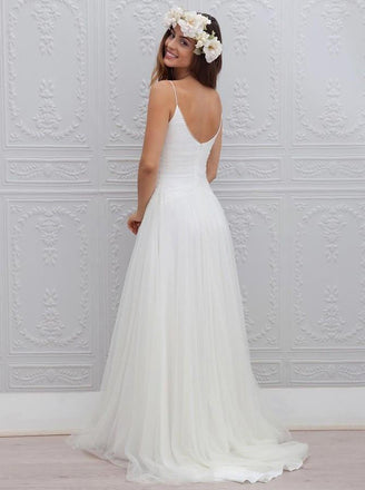 A-Line Spaghetti Straps Tulle V-neck Bakcless Sweep Train Beach/Coast Wedding Dress DM262
