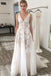A-Line V-Neck Backless Sweep Train Ivory Wedding Dress with Appliques DMR20