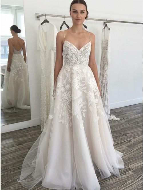Cheap Spaghetti Straps Backless Off White Wedding Dress with Lace Appliques DMK44