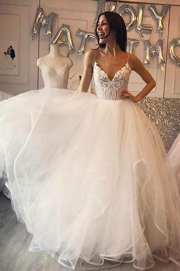 Ivory A-Line Spaghetti Straps Tulle Cheap Wedding Dress with Lace DMF90
