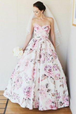 Cheap A-Line Sweetheart Floor Length Floral Satin Long Wedding Dress DMF89