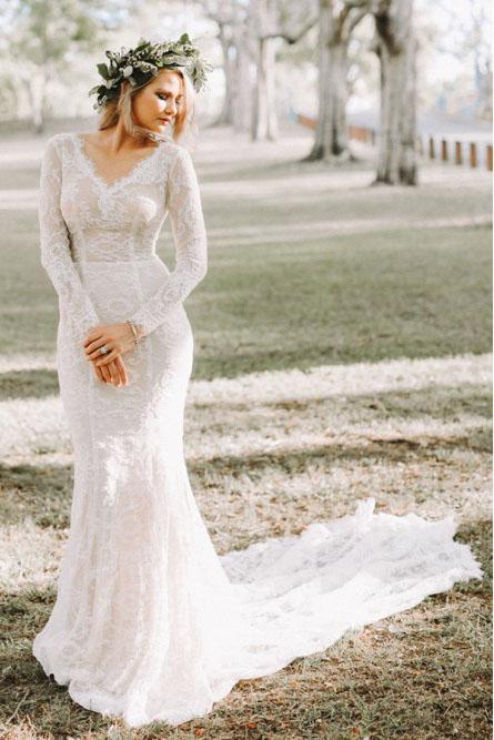 Mermaid V-Neck Backless Long Sleeves Lace Elegant Wedding Dress DMR35