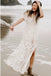 A-Line V-Neck Short Sleeves Bohemian Lace Beach Wedding Dress with Split DMR37