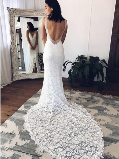 Mermaid V-Neck Backless Court Train Lace Wedding Dress with Split DMR38