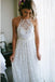 Charming A-Line Halter Backless Sweep Train White Lace Wedding Dress DMR40
