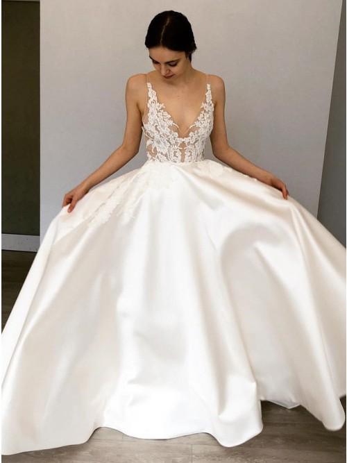 A-Line Deep V-Neck Floor-Length Satin Wedding Dress with Lace Appliques DMR42