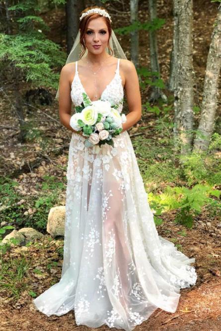 Charming A-Line Spaghetti Straps Sweep Train Wedding Dress with Appliques DML59