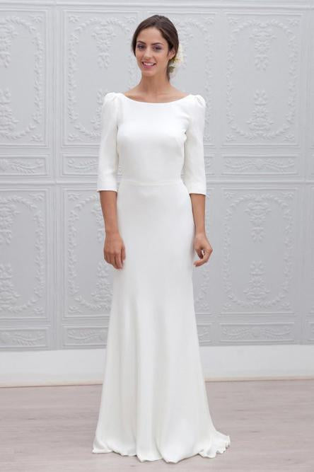 Simple Sheath Bateau Backless 3/4 Sleeves Sweep Train Beach Wedding Dress DMS35