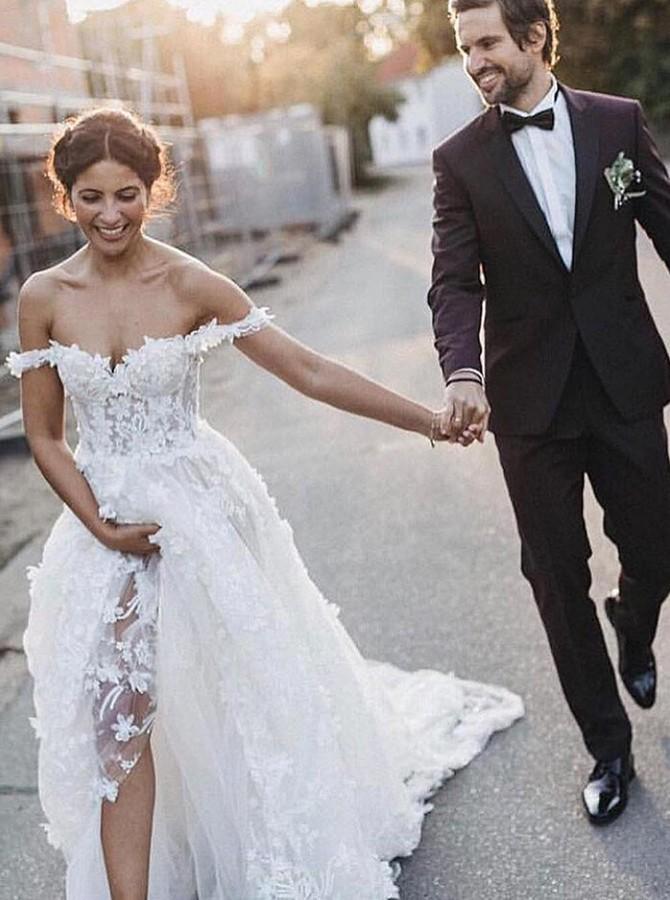A-Line Off-the-Shoulder Boho Wedding Dress with Appliques DML58