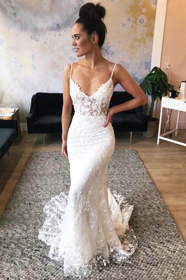 Mermaid Spaghetti Straps Lace Wedding Dress with Appliques DML57