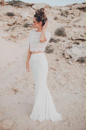 Two Piece Crew Short Sleeves White Lace Mermaid Wedding Dress DML54