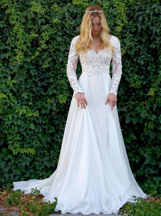A-Line V-Neck Long Sleeves Wedding Dress with Lace Appliques DML50