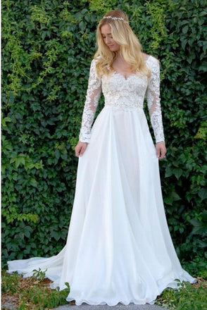 A-Line V-Neck Long Sleeves Wedding Dress with Lace Appliques DML50
