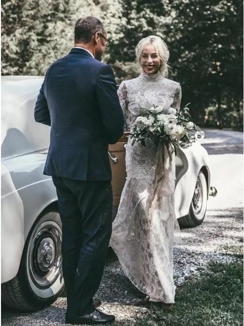 Mermaid High Neck Backless Long Sleeves Boho Lace Wedding Dress DML48 Demodresses Mermaid High Neck Backless Long Sleeves Boho Lace Wedding Dress DML48 Demodresses