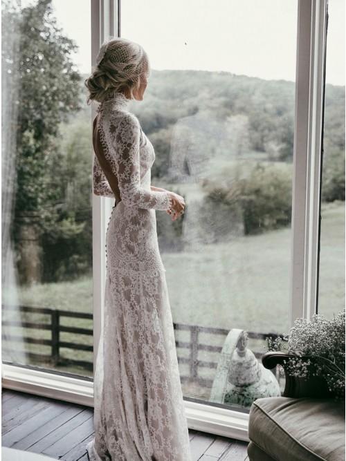 Mermaid High Neck Backless Long Sleeves Boho Lace Wedding Dress DML48