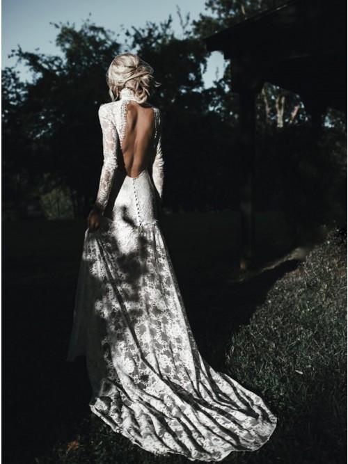 Mermaid High Neck Backless Long Sleeves Boho Lace Wedding Dress DML48