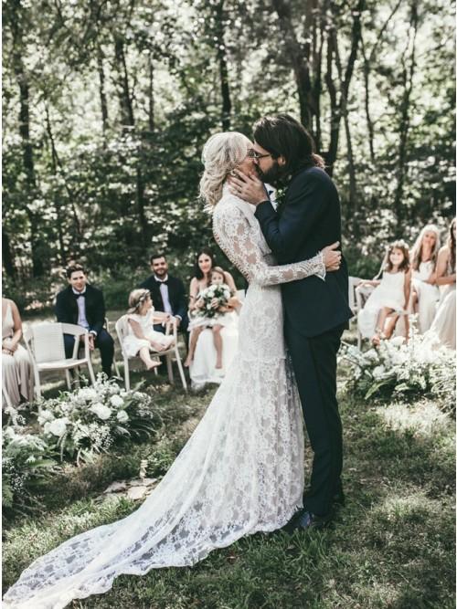 Mermaid High Neck Backless Long Sleeves Boho Lace Wedding Dress DML48 Demodresses Mermaid High Neck Backless Long Sleeves Boho Lace Wedding Dress DML48 Demodresses
