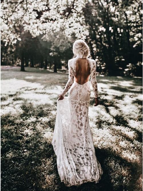 Mermaid High Neck Backless Long Sleeves Boho Lace Wedding Dress DML48