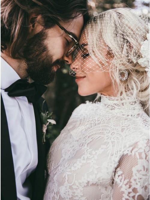 Mermaid High Neck Backless Long Sleeves Boho Lace Wedding Dress DML48
