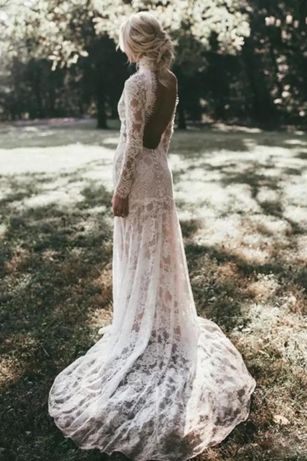 Mermaid High Neck Backless Long Sleeves Boho Lace Wedding Dress DML48 Demodresses Mermaid High Neck Backless Long Sleeves Boho Lace Wedding Dress DML48 Demodresses