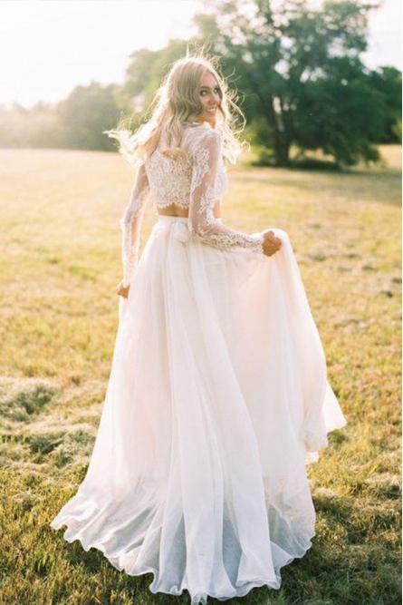 Two Piece Long Sleeves Chiffon Beach Wedding Dress With Lace DMR75