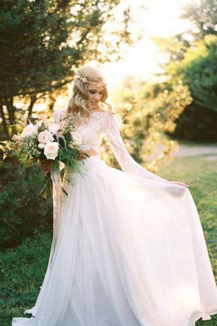 Two Piece Long Sleeves Chiffon Beach Wedding Dress With Lace DMR75