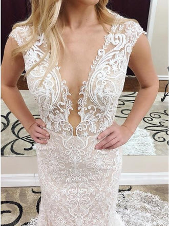 Mermaid Deep V-Neck Cap Sleeves Lace Elegant Wedding Dress DMK41