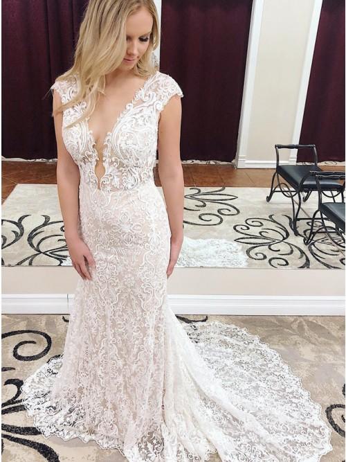 Mermaid Deep V-Neck Cap Sleeves Lace Elegant Wedding Dress DMK41