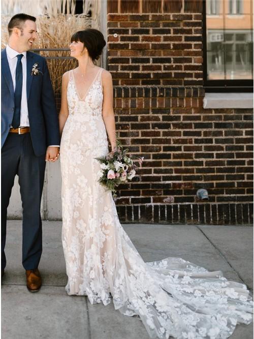 Sheath V-Neck Backless White Lace Boho Wedding Dress Bridal Gown DML13 – Demodresses