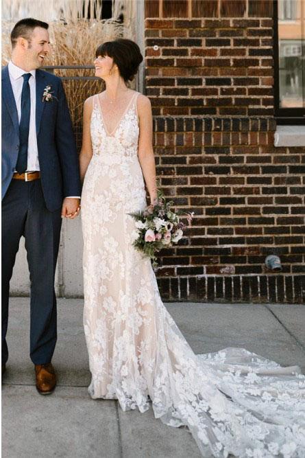 Sheath V-Neck Backless White Lace Boho Wedding Dress Bridal Gown DML13 Demodresses Sheath V-Neck Backless White Lace Boho Wedding Dress Bridal Gown DML13 Demodresses