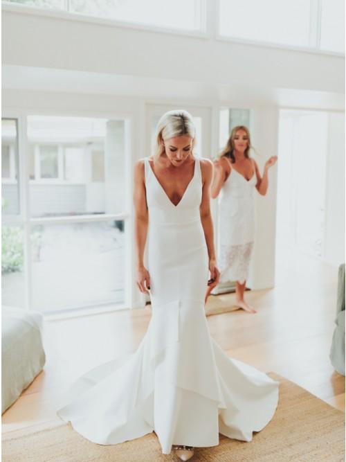 Mermaid V-Neck Backless Sweep Train Satin Charming Wedding Dress DMK45