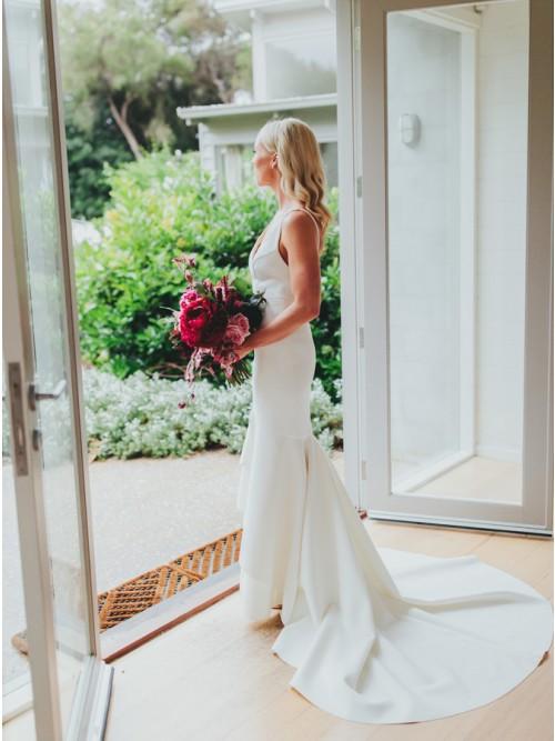 Mermaid V-Neck Backless Sweep Train Satin Charming Wedding Dress DMK45