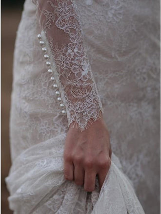 Mermaid Jewel Long Sleeves Lace Wedding Dress with Pearls DML16