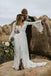 A-Line V-Neck Bell Sleeves Sweep Train Lace Wedding Dress with Split DMM23